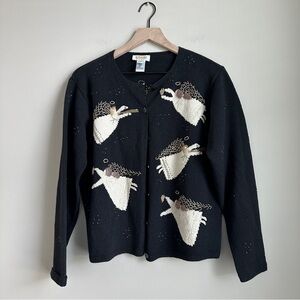 Talbots Petites L Black Angel Embroidered Beaded Christmas Cardigan Sweater